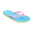 Locals Unisex Stripe Candy Flip Flops featuring a Turquoise/Pink platform with a Yellow stripe and a Solid Pink strap.