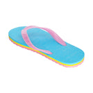 Locals Unisex Stripe Candy Flip Flops featuring a Turquoise/Pink platform with a Yellow stripe and a Solid Pink strap.
