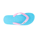 Locals Unisex Stripe Candy Flip Flops featuring a Turquoise/Pink platform with a Yellow stripe and a Solid Pink strap.